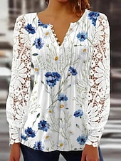 preiswerte Spitzenoberteile-Damen Spitzenbluse Bluse Blumen Elegant Stilvoll Basic Langarm V Ausschnitt Normale Oberteile Täglich Spitze Knöpfe Druck Weiß Blau Himmelblau Purpur Frühling Herbst