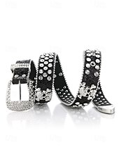abordables Accessoires d&#039;Halloween-Ceinture unisexe Halloween en strass avec tête de mort – Accessoire de taille en similicuir punk rock scintillant pour fêtes, concerts et costumes