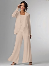 baratos Terninhos de calça da mamãe-Conjunto de calças 3 peças Mãe da noiva Convidada de casamento Formal Elegante Plus Size Envoltório Comprimento do chão Chiffon Sem mangas com Renda