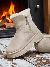 abordables Bottes de neige et d&#039;hiver-Bottes de neige décontractées en similicuir pour femme avec fermeture éclair latérale et bordure en fourrure – chaussures d&#039;hiver confortables et décontractées
