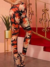 tanie wzór kwiatowy-Damskie Getry Urlop Zabytkowe Moda Pełna długość Wysoka talia Kwiaty Graficzny Kształt listka Drukowanie Keep Warm Miękka Oddychający Elastyczny Urlop Ulica Czarny Pomarańczowy Brązowy Wiosna Jesie
