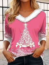 abordables Hauts de Noël-Noël Femmes T-shirt Graphique Arbre de Noël ancien Élégant Classique manche longue Col en V Hauts Réguliers Quotidien Patchwork Imprimé Rose Claire Rouge Bleu Vert Automne Hiver
