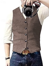 abordables Chaleco de hombre-Hombre Chaleco Vacaciones Fiesta Negocio Moda Casual Primavera Otoño Bolsillo Botones Poliéster Cómodo Color sólido Recto 1 botón Escote en Pico Ajuste regular Plata Negro Champaña Vino Chaleco