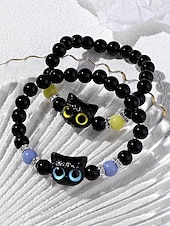 levne Módní doplňky-Dámský halloweenský korálkový náramek s kočkou, který svítí ve tmě – roztomilý černobílý strečový náramek s kočičím přívěskem na párty, cosplay a dárky