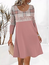 preiswerte Streifen- und geometrisches Kleid-Damen Minikleid T-Shirt-Kleid Sommerkleid A Linie Kleid Lässig Täglich Ausgehen Normale Passform Grafik Karomuster Abstrakt Langarm Rundhalsausschnitt Hellrosa Rosa Grau Herbst Winter