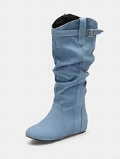 levne Slouch Boots-Dámské Boty Slouchy boty Jezdecké boty Denní Boty do lýtka Přezky Skryté pata Oblá špička Na běžné nošení Denim Umělá kůže Zip Fialová Světle hnědá Tmavěhnědá