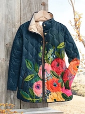 billiga Puffers &amp; Parka-Dam Vinterjacka Pufferjacka Håller värmen Bekväm Ficka Knappar Mönster Mode Dagligen Utomhus Blommig Semester Ledigt Dagligen Enkelknäppt Normal Hög krage Normal Långärmad Ytterkläder Svart Rodnande