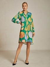 abito camicia da donna con stampa zucca verde, scollo a V, vestibilità ampia, orlo asimmetrico, spacco, per vacanza, quotidiano, lavoro, festa, autunno, primavera, estate economico Abiti floreali-abito camicia da donna con stampa zucca verde, scollo a V, vestibilità ampia, orlo asimmetrico, spacco, per vacanza, quotidiano, lavoro, festa, autunno, primavera, estate