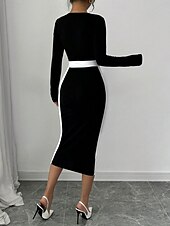 billiga Randig och geometrisk klänning-Dam Midiklänning Sheath Dress Ledigt Helgdag Utekväll Normal Randig Långärmad Fyrkantig hals Svart Fuchsia Mörkblå Vår Höst Vinter