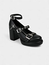 お買い得  女性向け-バックルストラップとクロスディテールを備えた女性用ゴシックプラットフォームメリージェーンヒール - ハロウィーン、コスプレ、ロックミュージックフェスティバルに最適な黒のチャンキーハイヒール