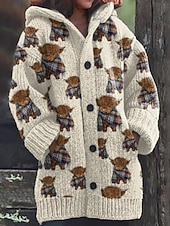 billige 3D Cardigan-Dame Genser Kofte Fritid Myk Grafisk Riflet Med hette Lomme Knapper Strikket Langermet Lange topper Strikke utendørs Daglig Helg Hvit Blå Høst Vinter