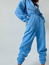 olcso nyaralás jumpsuit-Női Szabályos Jumpsuitek Utcai sikk Színes Hosszú ujj Kapucni Kollázs Cipzár Utca Napi Normál Fehér Arcpír rózsaszín Medence Ősz