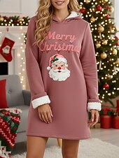 billige Julegensere og -gensere-Dame Pullover hettegenser-genser julenissen Varm Fritid Sherpa Fleece Langermet Med hette Lange topper Gate Hverdag Avslappet Trykt mønster Mørk Rosa Blå Grå Høst Vinter