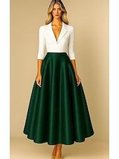 economico Abiti da smoking-Abiti da cocktail A-Line in nero e bianco Abito formale elegante Abito da matrimonio formale lunghezza tea midi lunghezza manica 3/4 colletto a punta Top in crepe elasticizzato gonna in satin con