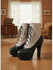 baratos Botas com salto-Botas femininas de salto alto com cadarço cor de vinho – botinhas plataforma estilo brogue vintage com painel de lona para festa e moda de outono