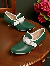 cheap 1920s-Women&#039;s Green 1920s Vintage Low Heel Pumps with Rhinestone Buckle – Retro Edwardian Style Dress Shoes for Gatsby Parties, Cosplay, and Formal Occasions