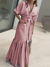 economico Vestito Semplice-Per donna Abito Lungo Maxi Abito Abito Camicia Moderno Quotidiano All'aperto Vacanza Vestibilità regolare A righe Manica Corta Girocollo Colletto a Camicia Blu Magenta Nero Rosa Primavera Autunno