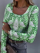 economico T-shirt Boho-Per donna Tunica Floreale Grafico Uccello Vintage Moda Elegante Manica Lunga Collo quadrato Top Regolari Quotidiano Stampato Blu Viola Arancione Verde Primavera Autunno