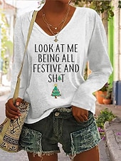abordables Hauts de Noël-Noël Femmes T-shirt Graphique Arbre de Noël Lettre ancien Élégant Classique manche longue Col en V Hauts Réguliers Quotidien Imprimé Noir Blanche Rose Claire Rouge Vert Printemps Automne Hiver