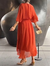 preiswerte Einfaches Kleid-Damen Maxikleid A Linie Kleid Lässig Täglich Normale Passform Einfach Dreiviertelarm V Ausschnitt Schwarz Blau Orange Grün Frühling Herbst