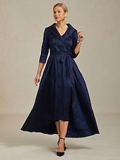  Damen Maxikleid Partykleid Elegant Vintage Normale Passform Einfarbig Dreiviertelarm V Ausschnitt Marineblau Herbst Winter