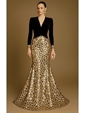 cheap Mermaid Evening Dresses-Mermaid / Trumpet Floor Length Prom Dresses Evening Gown Ball Gown Formal Dress Elegant Vintage Color Block Long Sleeve V Neck Formal Wedding Sequined Velvet with Glitter Pleats Sequin