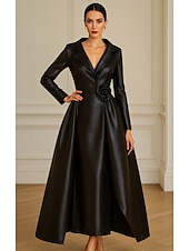 cheap Tuxedo Dresses-Tuxedo Dress A-Line Formal Wedding Wedding Guest Satin Elegant Vintage 3/4 Sleeve Pleated Ankle Length Notched Lapels Single Breasted