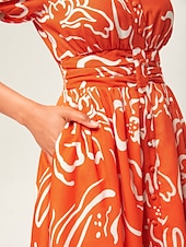 baratos vestido casual estampado-Feminino Vestido casual Vestido midi Preto Azul Laranja Manga Curta Abstrato Verão Primavera Decote V Elegante Férias XS S M