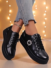 cheap Women's Sneakers-Women's Silver Metallic Lace-Up Sneakers with Rhinestone Buckle - Fashion Casual Shoes for Nightlife Parties and Club Outfits