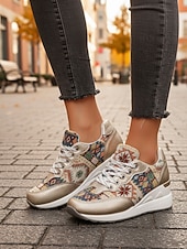 economico Sneakers da donna-sneakers con zeppa dorate da donna – scarpe da ginnastica con plateau e lacci con stampa etnica per abbigliamento casual da strada e viaggi del fine settimana