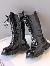 olcso Gyerekbakancsok-Koreai idol ihlette popsztár jelmezcipő, lányka fekete lakkbőr fűzős, térdig érő csizma oldalsó cipzárral, táncelőadásokhoz és színpadi ruhákhoz