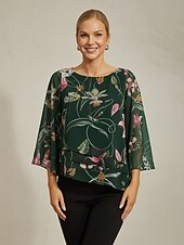 abordables chemises, hauts et chemisiers-chemisier femme mousseline transparente imprimé floral vert manches mi-longues ourlet superposé col rond pull