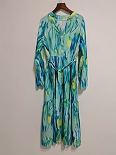 abordables Robes fleuries décontractées-Femmes Robe Midi Robe Décontractée Robe Imprimée Élégant Mode Moderne Extérieur Quotidien Sortir Coupe régulière Graphique manche longue Col en V Bleu Printemps Automne