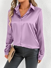 economico Top eleganti-Per donna Camicia Camicia in raso Tinta unica Elegante Casual Manica Lunga Colletto a Camicia Top Regolari Quotidiano Uscire Bottoni Rosa Viola Verde Primavera Autunno