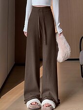 お買い得  ワイドレッグ＆ハイウエスト-女性用 ワイドレッグ チノパン カジュアル 全長 ミディアムウエスト 平織り ドローストリング 弾性巾着デザイン 保温 マイクロエラスティック アウトドア カジュアル／普段着 週末 ライスホワイト ブラック カーキ色 コーヒー 冬 ルーズフィット
