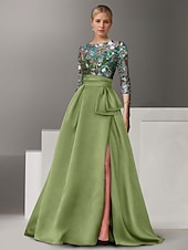 economico Abiti da Sera a Linea A-Abito da Sera A-Line Ricamato Floreale Elegante Formale Matrimonio Lungo Fino al Pavimento Mezza Manica Collo a Camicia di Satin con Fiocco(e) Spacco