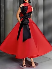 baratos Vestidos de Cocktail-Vestidos de Coquetel A-Line Pretos e Dourados Vestido Elegante Formal Casamento Comprimento Até o Tornozelo Sem Mangas Gola Redonda Com Bolso Cetim com Laço(s) Strass