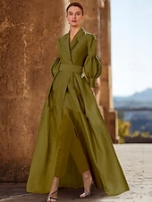 billiga Mammas jumpsuits-Kostym  Byxdress Mor till bruden Bröllopsgäst Elegant V-ringad Golvlängd Lång ärm med Rynkning Enfärgad gratis anpassad storlek