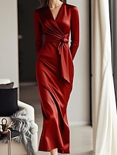 preiswerte abendkleider-Damen Midikleid Partykleid Cocktailkleid Satinkleid Elegant Modern Party Abendgesellschaft Normale Passform Einfach Langarm V Ausschnitt Schwarz Wein Herbst Winter