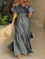 economico Vestito Semplice-Per donna Abito Lungo Maxi Abito Abito Camicia Moderno Quotidiano All'aperto Vacanza Vestibilità regolare A righe Manica Corta Girocollo Colletto a Camicia Blu Magenta Nero Rosa Primavera Autunno