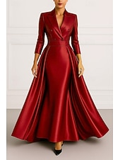 Szmoking ruha A-vonalú Magas-alacsony szárú ruha Előírásos Esküvő Esküvői vendég Sztreccs szatén Elegáns 3/4 ujjú rakott Földig érő Spicc gallér Dupla soros olcso Szmokingruhákkal-Szmoking ruha A-vonalú Magas-alacsony szárú ruha Előírásos Esküvő Esküvői vendég Sztreccs szatén Elegáns 3/4 ujjú rakott Földig érő Spicc gallér Dupla soros