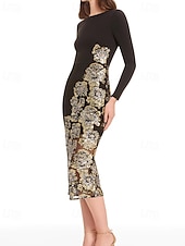 billige Cocktailkjoler-Linjeform Te-lengde Knelengde Perlebrodert Formell kjole Kjole til brudens mor Cocktailkjoler Festkjoler Elegant Langermet Båthals Hage fest Bryllup Stretch Crepe med Paljett