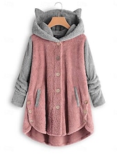 halpa Fleece-vuoratut takit-Naisten Sherpa takki Mukava Hengittävä Tasku Napit Vapaa-aika Tavallinen Loma Katu Kausaliteetti Arki-asut Yksirivinen Pitkä Hupullinen Loose Fit Pitkähihainen Päällysvaatteet Musta Punastuvan
