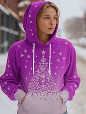 billige Julegensere og -gensere-Dame Pullover hettegenser-genser Grafisk Juletre Fritid Langermet Med hette Vanlige topper Festkveldsklær Gate Hverdag Rød Blå Lilla Grønn Vår Høst Vinter