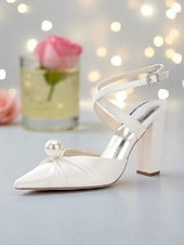 cheap Cocktail-Women&#039;s Blue Satin Block Heel Pumps with Pearl Detail and Ankle Strap - Elegant Pointed Toe Shoes for Formal Occasions and Cocktail Parties