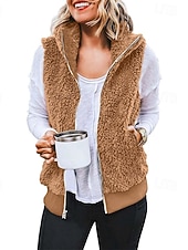 abordables Chaquetas Sherpa-Mujer Chaqueta casual Cómodo Transpirable Cremallera Bolsillo Casual Plano Vacaciones Calle Casual Ropa Cotidiana Cremallera Corto Regular Con Capucha Ajuste regular Sin Mangas Ropa de calle Negro