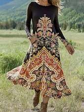 billiga Boho-klänning-Dam Midiklänning A linjeklänning Fit And Flare Klänning Semester Ledigt Dagligen Normal Grafisk Geometrisk Långärmad Rund hals Svart Blå Orange Vår Höst Vinter