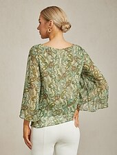 cheap Shirts,Tops &amp; Blouses-Women&#039;s Blouse Green Paisley Floral Layered 3/4 Sleeve Loose Fit Round Boat Neck Casual Elegant Spring Summer