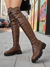 baratos Botas da moda-Botas femininas marrons de couro sintético com cadarço acima do joelho - botas estilo equestre knightcore com sola grossa e estilo grunge dos anos 90 para streetwear &amp;roupas para festivais de outono