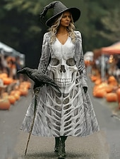 olcso Halloween ruha-Halloween Női Koponyák Nyomás Midi Ruha A-vonalú Ruha Vakáció Hétköznapi Napi Normál Illeszkedés Grafikával Koponya Hosszú Ujjú V Nyakú Kék Narancs Szürke Ősz Tél